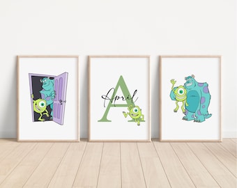 SET OF 3 Personalised Monster Inc Prints, Disney  Mike Sully Boo Bedroom Decor,  Disney Pixar Wall Art, Monster Print Keep Sake