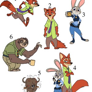 Puede incluir: Una ilustraci&oacute;n colorida de seis personajes de la pel&iacute;cula animada Zootopia. Los personajes est&aacute;n numerados del 1 al 6. Los personajes incluyen un zorro, un conejo, un perezoso y un yak.