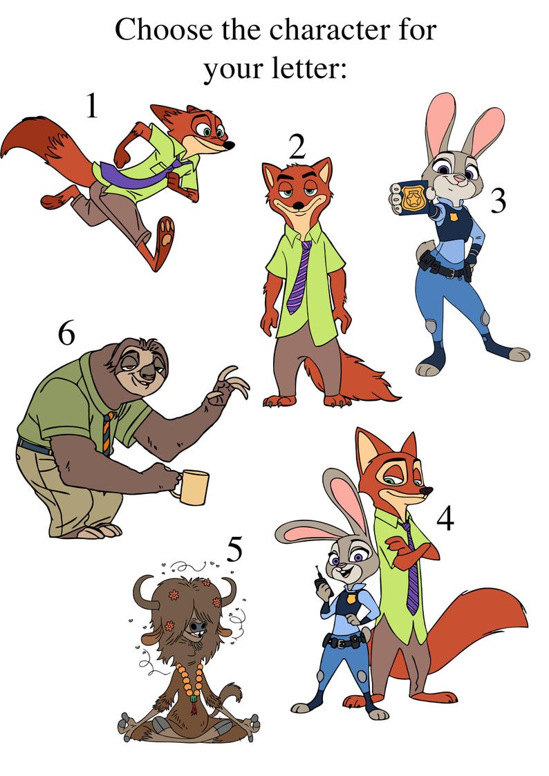 Puede incluir: Una ilustraci&oacute;n colorida de seis personajes de la pel&iacute;cula animada Zootopia. Los personajes est&aacute;n numerados del 1 al 6. Los personajes incluyen un zorro, un conejo, un perezoso y un yak.