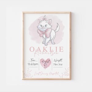 Impresión personalizada de nacimiento de Disney de Marie Aristocats, decoración de guardería de Toulouse, impresión de pared de Marie, sake de habitación para niños, regalos de Marie Aristocats
