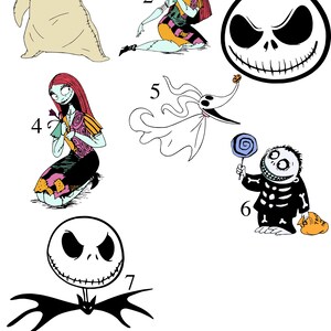 May include: Seven different designs for a letter, featuring characters from the Nightmare Before Christmas. The designs include Jack Skellington, Sally, Oogie Boogie, and Zero. Choose 1 letter design.