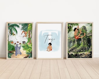 SET DI 3 Stampe personalizzate del Libro della Giungla, Decorazione per la camera da letto Disney Mowgli, Arte murale per la cameretta dei bambini, Poster del Libro della Giungla, Regalo ricordo di Baloo
