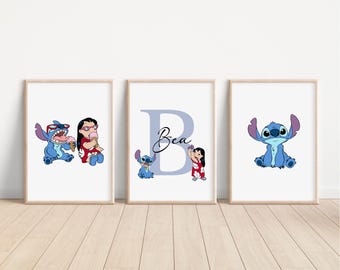 SET OF 3 Personalised Ohana Lilo And Stitch Prints, Disney Ohana Bedroom Decor, Lilo And Stitch Nursery Wall Art, Stitch Posters