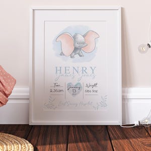 Personalisierter Dumbo Disney-Geburtsdruck, Dumbo-Kinderzimmerdekor, Dumbo-Wanddruck, Dumbo-Kinderraum-Keep Sake, Dumbo-Neugeborenen-Baby-Geburtsgeschenk