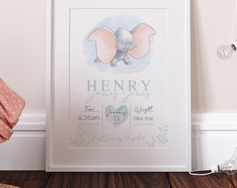Personalised Dumbo Disney Birth Print, Dumbo Nursery Decor, Dumbo wall Print, Dumbo Kids Room Keep Sake, Dumbo Newborn Baby Birth Gift