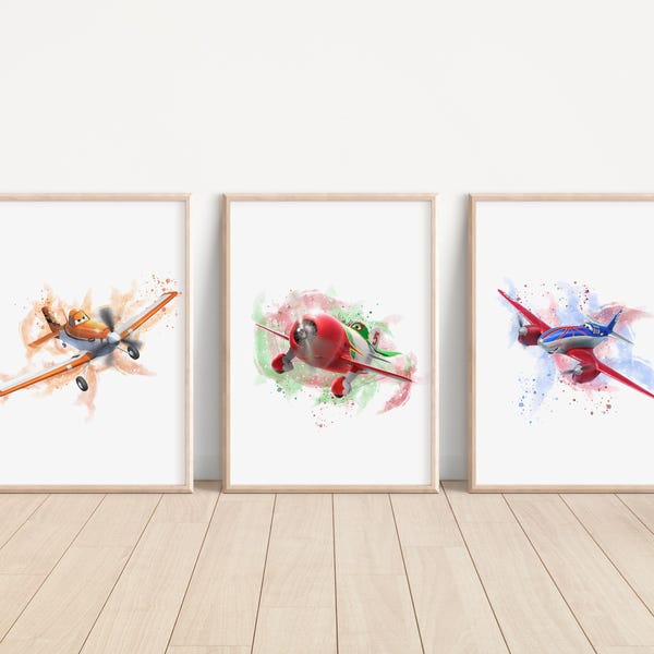 Impressão de aviões da Pixar, decoração de quarto de carros da Disney, arte de parede para berçário infantil de aviões, pôster de aviões para guardar saquê, impressão de parede Dusty Crophopper Ripslinger