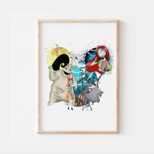 May include: A watercolour illustration of characters from the Nightmare Before Christmas film. The characters include Jack Skellington, Sally, Oogie Boogie, Zero the ghost dog, and the Mayor. The illustration is set against a white background with splashes of blue and red watercolour.