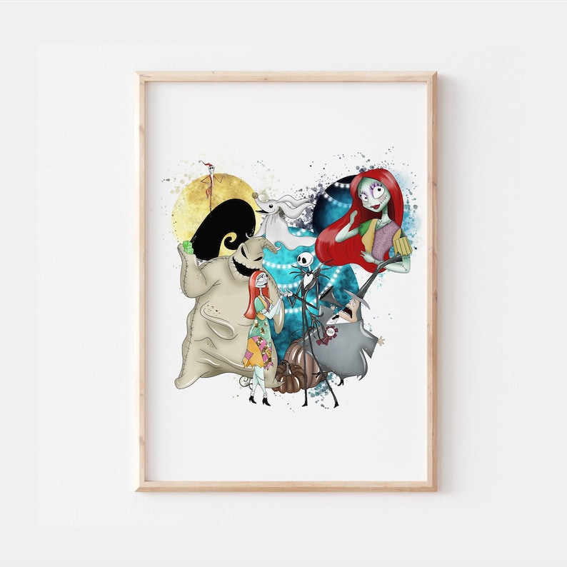 May include: A watercolour illustration of characters from the Nightmare Before Christmas film. The characters include Jack Skellington, Sally, Oogie Boogie, Zero the ghost dog, and the Mayor. The illustration is set against a white background with splashes of blue and red watercolour.