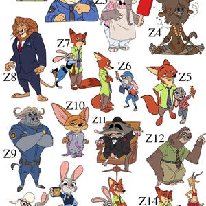 Puede incluir: Un conjunto de 17 ilustraciones de personajes de dibujos animados con personajes de la pel&iacute;cula Zootopia. Los personajes se representan en varias poses y expresiones, incluyendo un perezoso, un zorro, un conejo, un elefante, un yak y un guepardo. Las ilustraciones est&aacute;n etiquetadas con n&uacute;meros del Z1 al Z17.