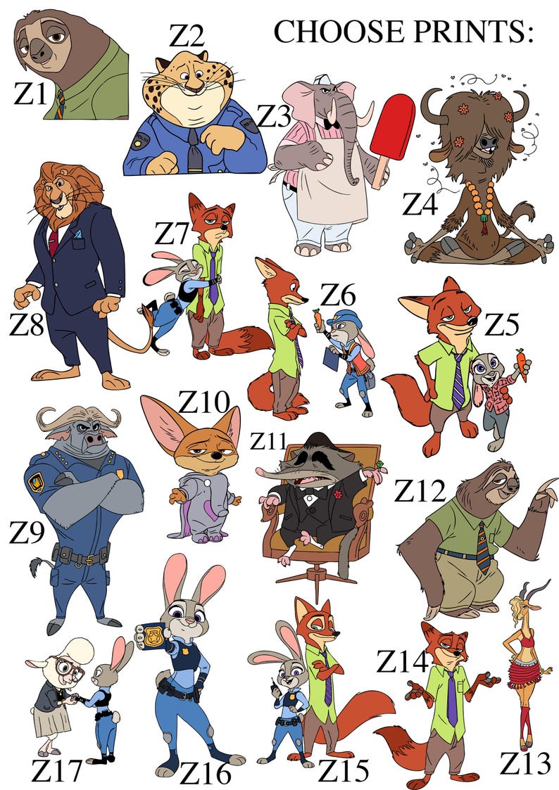 Puede incluir: Un conjunto de 17 ilustraciones de personajes de dibujos animados con personajes de la pel&iacute;cula Zootopia. Los personajes se representan en varias poses y expresiones, incluyendo un perezoso, un zorro, un conejo, un elefante, un yak y un guepardo. Las ilustraciones est&aacute;n etiquetadas con n&uacute;meros del Z1 al Z17.