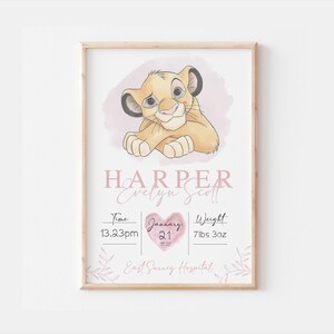 Impresión personalizada del nacimiento del Rey León Simba Disney, decoración de la guardería de Simba, impresión de arte de pared de ilustraciones del Rey León, regalo de impresión de nacimiento de Simba