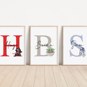 Impresión personalizada con nombre y letras de Star Wars, decoración de guardería Yoda Jedi, decoración mandaloriana, póster de guardería, regalo de recuerdo para habitación de niños