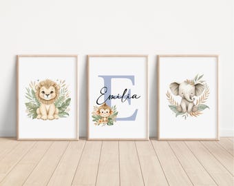 SET OF 3 Personalised Safari animals Prints, African Animals  Bedroom Decor, Lion Giraffe Kids Room Wall Art, Newborn Nursery Prints