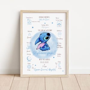 Lámina personalizada de nacimiento de Stitch Disney "El día que naciste", decoración para habitación infantil de Stitch, lámina de regalo de nacimiento, lámina de pared para recién nacido, recuerdo para bebé