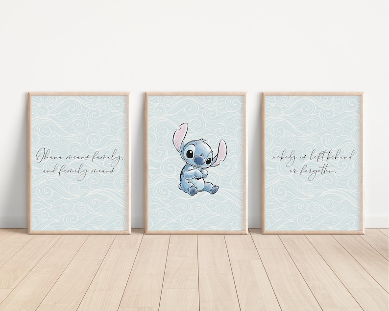 May include: Three blue and white framed prints with a blue cartoon character and text. The text on the prints reads "Ohana means family, and family means nobody is left behind or forgotten."