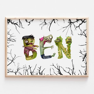 Impresión personalizada con nombre de monstruo, decoración de dormitorio con impresión de nombre de monstruo, arte de pared con nombre de monstruo para guardería, letras de monstruo espeluznantes