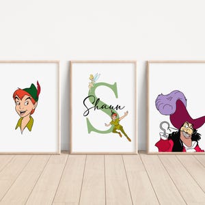 May include: Three framed prints featuring characters from the Disney film Peter Pan. The first print shows Peter Pan, the second print shows the letter S with Tinkerbell and Peter Pan flying, and the third print shows Captain Hook. The name "Shaun" is written in cursive on the second print.