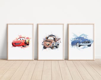 Láminas de Cars en acuarela, decoración de dormitorio de Disney Pixar, arte mural para habitación infantil, láminas de Mater de Lightning McQueen, regalo de Doc para guardar recuerdos.
