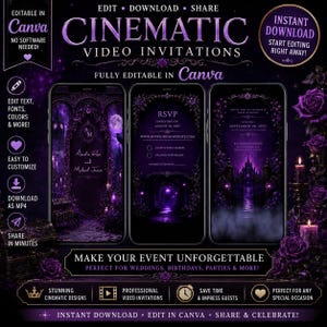 May include: Three smartphone screens display dark purple gothic-themed cinematic video invitations with ornate archways, glowing candles, and roses. The text includes "CINEMATIC VIDEO INVITATIONS," "EDIT IN CANVA," "RSVP," and event details. The background features dark purple roses and candles.