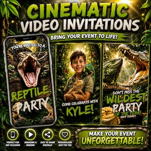 Könnte beinhalten: Eine digitale Werbeanzeige für filmische Videoeinladungen mit einem Smartphone, das ein Reptilien-Party-Thema anzeigt. Die Grafiken zeigen Schlangen, Echsen und Krokodile in einer Dschungelkulisse mit dem Text REPTILE PARTY.