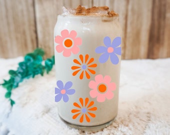 Retro Bright Flowers Iced Coffee Glass, Iced Coffee Mug or Cocktail Glass, Cute Gift for Coffee Lover, Clear Pint Glass for Cold Beverage