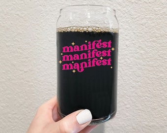 Pink Manifest Iced Coffee Cup, Iced Coffee Mug, Libbey Beer Glass Cup for Coffee or Cocktail, Trendy Houseware and Bohemian Drinkware