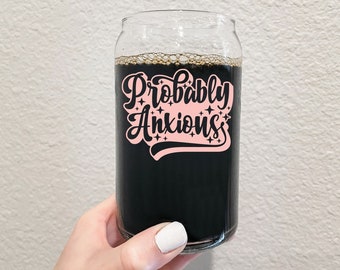 Probably Anxious Iced Coffee Cup, Iced Coffee Mug, Libbey Beer Glass Cup for Coffee or Cocktail, Trendy Houseware and Bohemian Drinkware