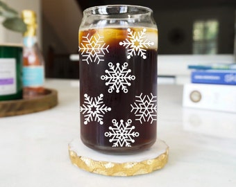 White Snowflake Coffee Glass, Iced Coffee Cup for Coffee Lover, Glass Beer Can Cup, Christmas Drinkware and Holiday Iced Coffee Cup