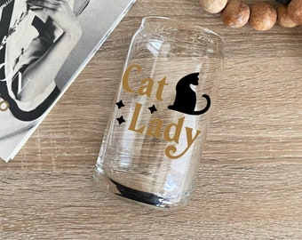 Cat Lady Iced Coffee Cup, Libbey Iced Coffee Mug, Beer or Cocktail Cup Gift for Cat Lover, Boho Drink ware for Hot or Cold Beverage