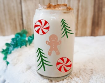 Peppermint Gingerbread and Christmas Tree Coffee Glass, Iced Coffee Cup for Christmas Gift, Glass Beer Can Cup, Holiday and Christmas Decor