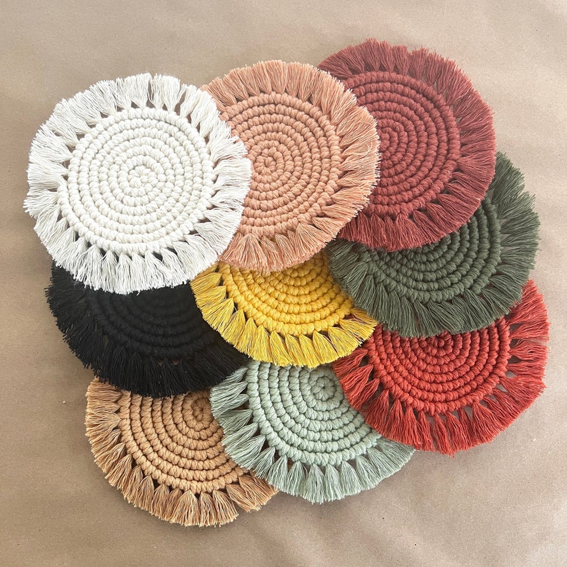 Macrame Coasters, Handmade Fringe Coaster, Farmhouse Home Decor, Coffee Table Accessories, Housewarming Gift For Her, Boho Table Decor image 2