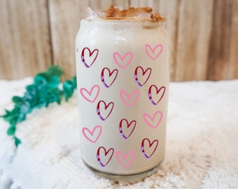 Valentine's Day Iced Coffee Cup, Hearts Iced Coffee Mug, Valentine's Day Coffee Gift, Hearts Glass Cup, Heart Glass Can, Glass Can Cup