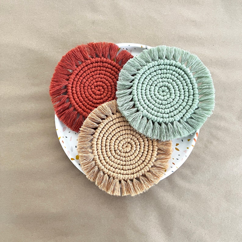 Macrame Coasters, Handmade Fringe Coaster, Farmhouse Home Decor, Coffee Table Accessories, Housewarming Gift For Her, Boho Table Decor image 8