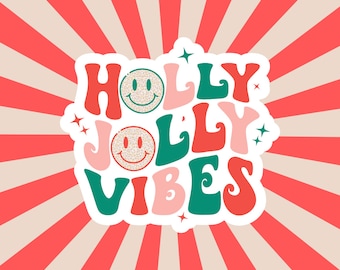 Holly Jolly Vibes Waterproof Vinyl Sticker, Cute Christmas Sticker, Holiday Laptop Decal, Waterproof Water bottle or Notebook Sticker Decal