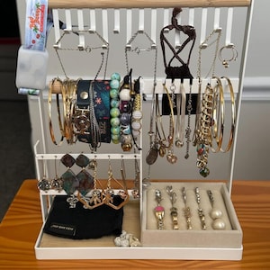 4-Tier Jewelry Organizer Stand: White Iron, Wood & Velvet Ring Holder