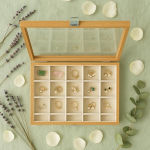 Jewelry Organizer Box – 24 Grid Wooden Tray with Glass Lid – Earring, Bracelet, Ring Holder – Vintage Jewelry Display Case – Gift for Women