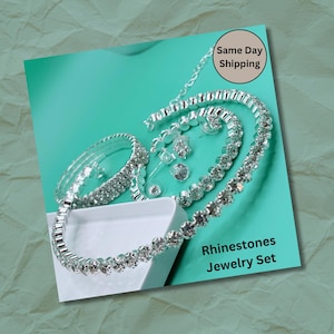Rhinestone Jewelry Set: Sterling Silver Necklace, Bracelet & Earrings