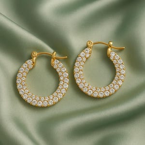 18K Gold Plated Huggie Hoop Earrings: CZ Pave Minimalist Hoops