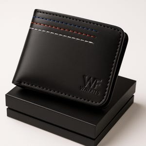 Cartera delgada de cuero negro RFID para hombre con costuras multicolores / Plegable premium hecha a mano / Diseño minimalista / Envío rápido a EE. UU. / 12 x 10 cm