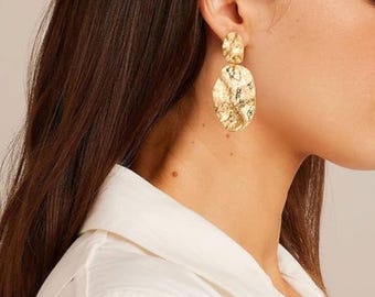 14k Gold Hammered Earrings - Chunky Large Hammered Earrings Gold Summer Earrings Gold Dangle Statement Earrings Beach Jewelry Gift for Her