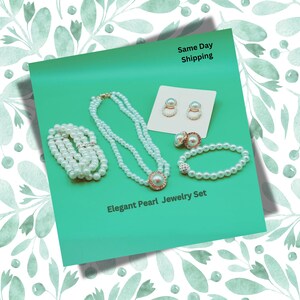White Pearl Jewelry Set with Necklace, Earrings, and Bracelet – Elegant Pearl Drop Necklace and Earrings – Mother’s Day Gift for Her