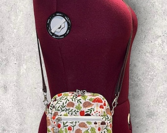 Handmade Hedgehog & Mushroom printed Crossbody bag/Purse/Cellphone bag