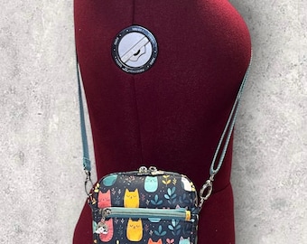 Bolso bandolera/monedero/bolso para móvil de lona con diseño de gato, hecho a mano.