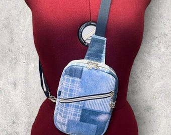 Bolso bandolera/mini bandolera de lona con estampado vaquero azul hecho a mano