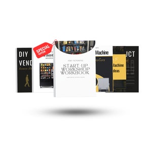 Może przedstawiać: Kolekcja biznesowych podręczników i przewodników na białym tle. Centralna książka nosi tytuł "Start-Up Workshop Workbook" autorstwa Natoya Allen. Inne książki to "DIY Vend" i "Machine Ideas". Czerwona etykieta głosi "Special Offer".