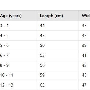 May include: Kids size guide chart with columns for size, height in centimetres, age in years, length in centimetres, width in centimetres, and waist in centimetres. The chart shows sizes 16 through 28 with corresponding measurements.