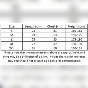 May include: Size chart for clothing with measurements in centimetres for length, chest, and height. Sizes include S, M, L, XL, and 2XL. The chart notes that measurements are approximate and may vary by 1-3 cm.