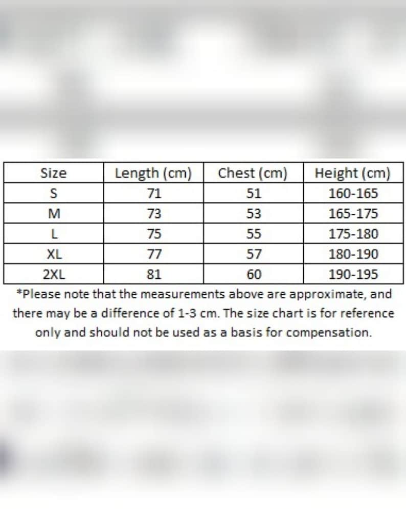 May include: Size chart for clothing with measurements in centimetres for length, chest, and height. Sizes include S, M, L, XL, and 2XL. The chart notes that measurements are approximate and may vary by 1-3 cm.