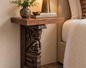 Mesita de noche india de madera tallada hecha a mano / Mesita de noche con forma de caballo / Mesa auxiliar para dormitorio / Mesa rústica