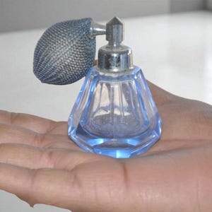 Vintage Blue Cut Glass Perfume Bottle with Spray Lid, Antique Pocket Scent Bottle, Collectible Art Deco Style, ittar bottle, vanity decor